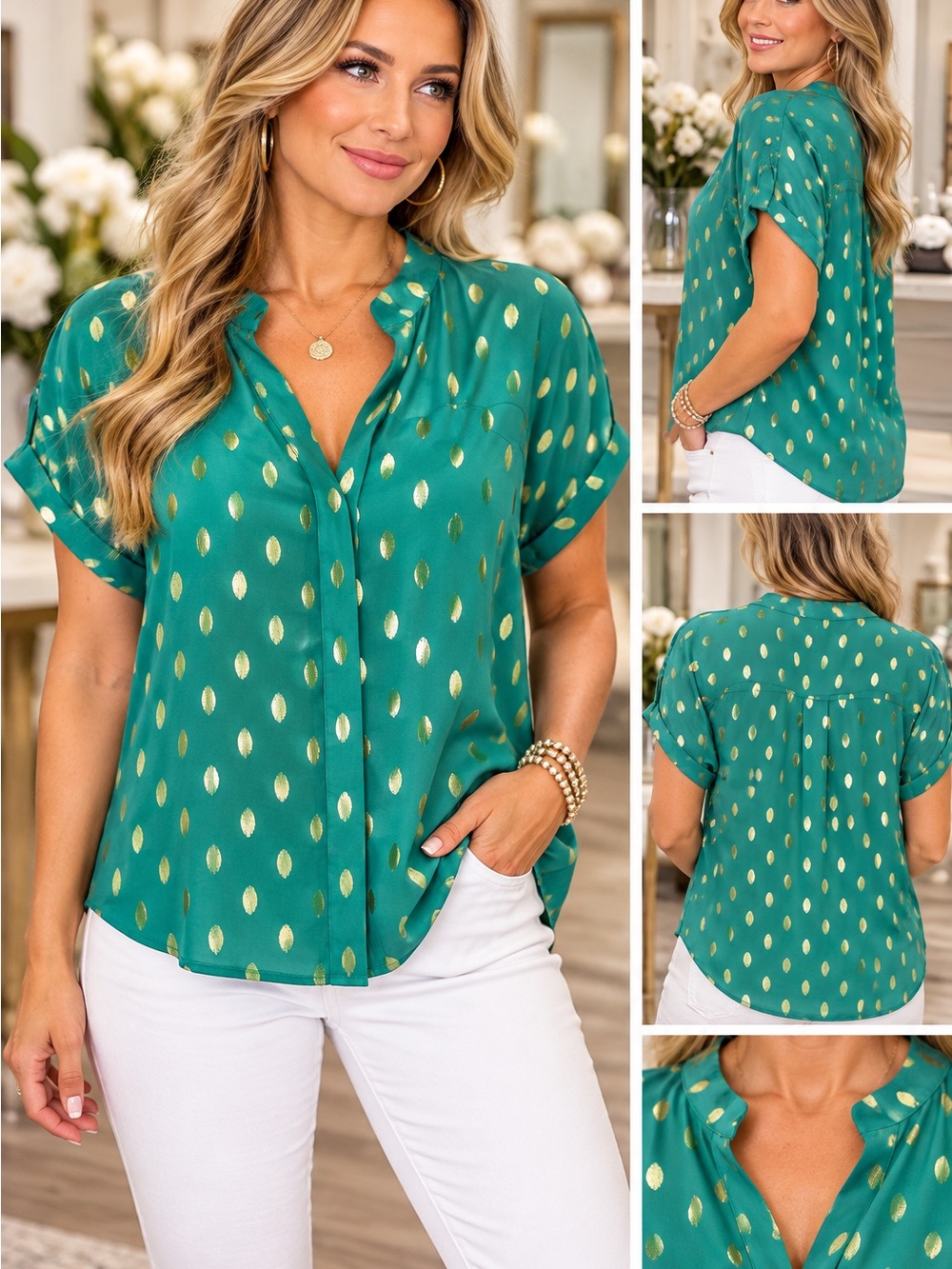 SHEIN Green Blouse with Gold Dot Print